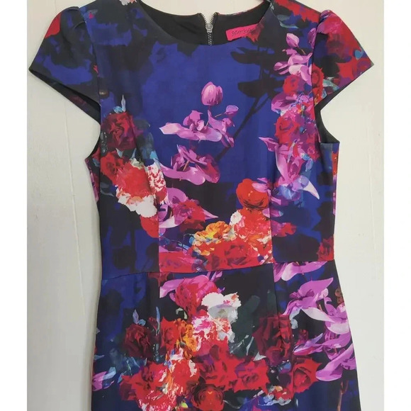 Betsey Johnson Sheath Floral Dress Sz 4 Cocktail Short Cap Sleeve Multicolor - Picture 6 of 11